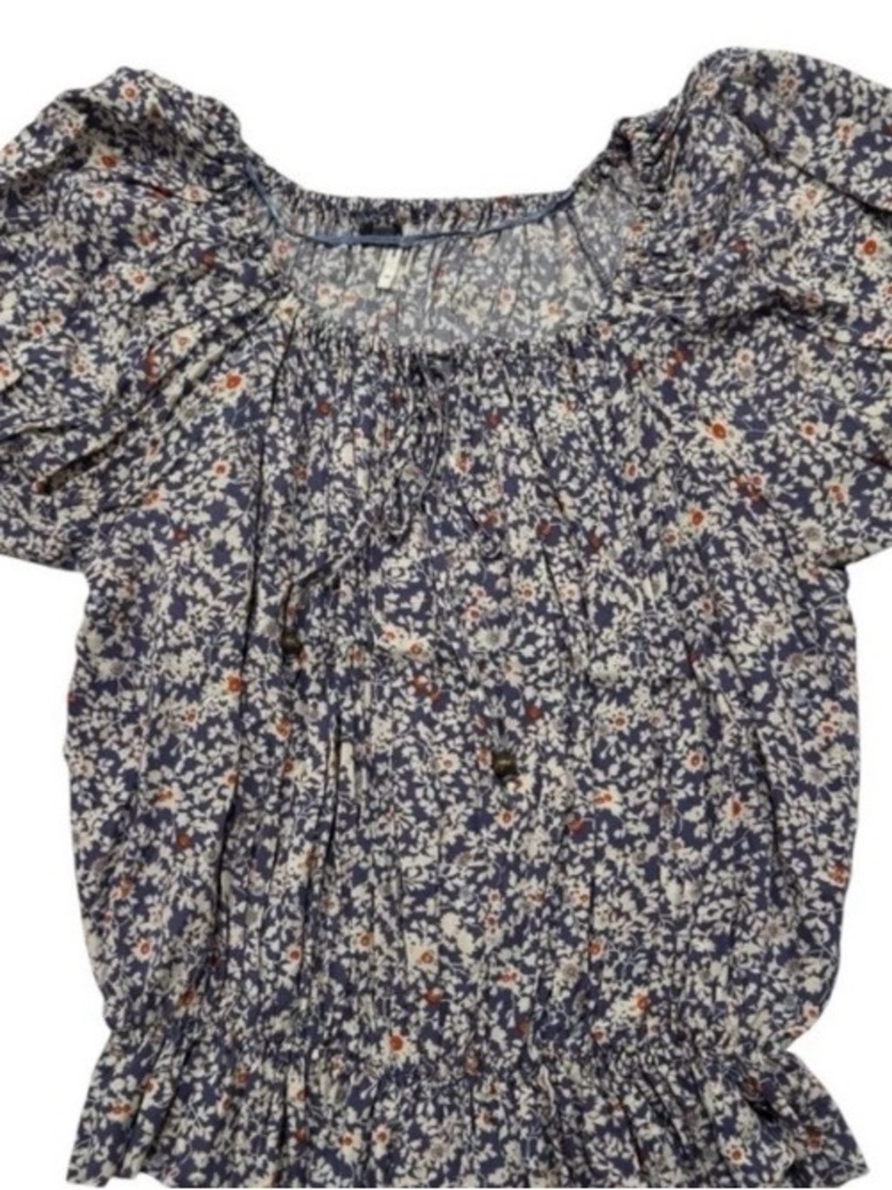 Guess Floral‎ Peasant Top Blue White Puff Sleeve Smocked Blouse XS W02203P0JH0